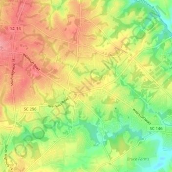 Five Forks topographic map, elevation, terrain