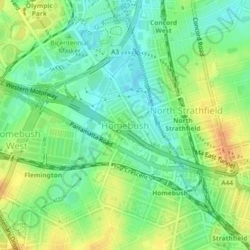 Homebush topographic map, elevation, terrain