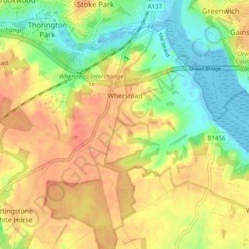 Wherstead topographic map, elevation, terrain