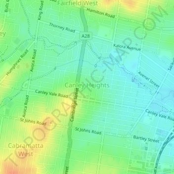 Canley Heights topographic map, elevation, terrain