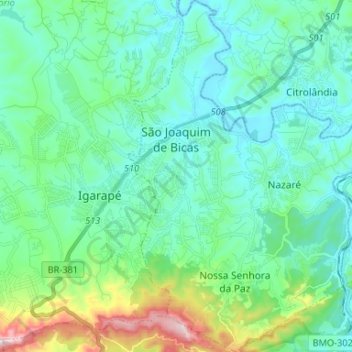 São Joaquim de Bicas topographic map, elevation, terrain