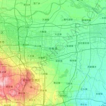 中牟县 topographic map, elevation, terrain