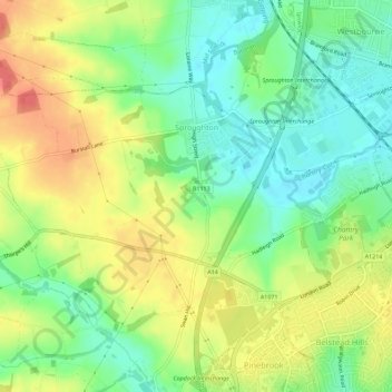 Sproughton topographic map, elevation, terrain