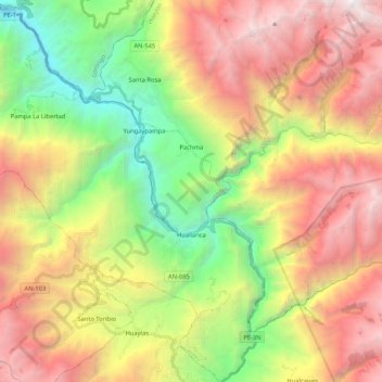 Huallanca topographic map, elevation, terrain