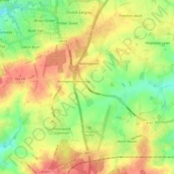 North Weald Bassett topographic map, elevation, terrain