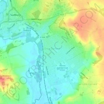 Great Cornard topographic map, elevation, terrain