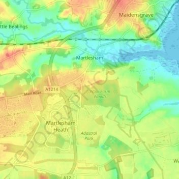 Martlesham topographic map, elevation, terrain