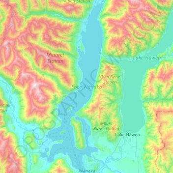 Lake Wanaka topographic map, elevation, terrain