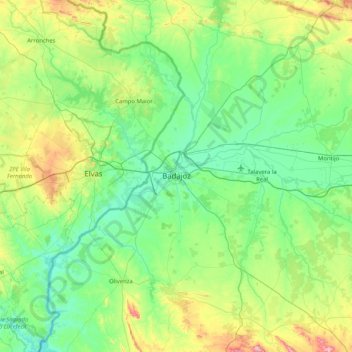 Badajoz topographic map, elevation, terrain