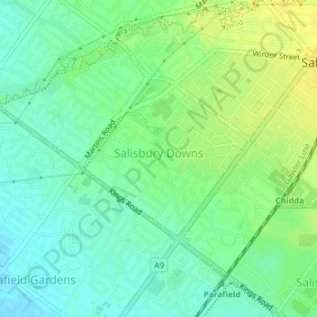 Salisbury Downs topographic map, elevation, terrain