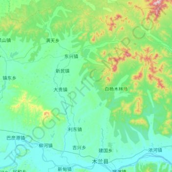 Mulan County topographic map, elevation, terrain