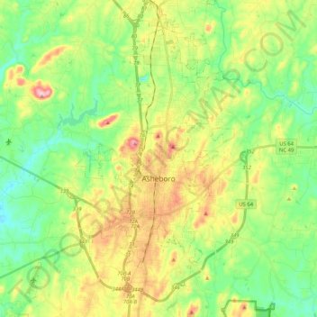 Asheboro topographic map, elevation, terrain