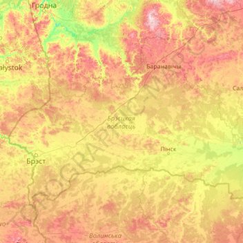 Брестская область topographic map, elevation, terrain