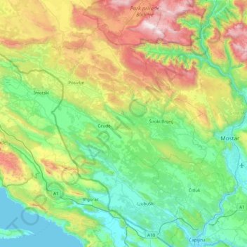 Canton de l'Herzégovine de l'Ouest topographic map, elevation, terrain