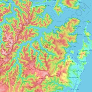 Ku-ring-gai Chase National Park topographic map, elevation, terrain