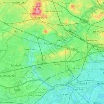 London Borough of Ealing topographic map, elevation, terrain