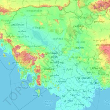 Cambodia topographic map, elevation, terrain