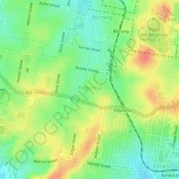 Yagoona topographic map, elevation, terrain