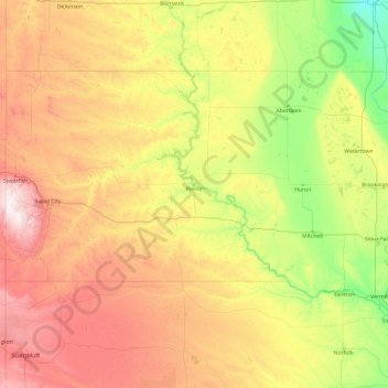 Zuid-Dakota topographic map, elevation, terrain