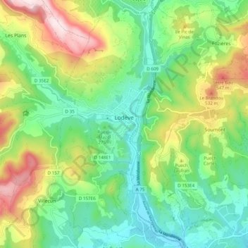 Lodève topographic map, elevation, terrain