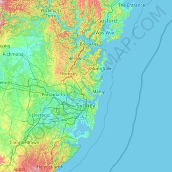 Sydney topographic map, elevation, terrain