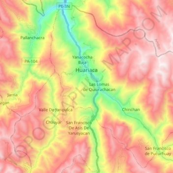 Huariaca topographic map, elevation, terrain