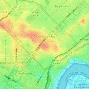Mount Lawley topographic map, elevation, terrain