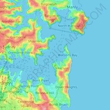 Sydney Harbour topographic map, elevation, terrain