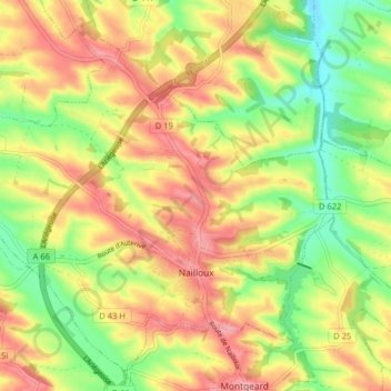 Nailloux topographic map, elevation, terrain