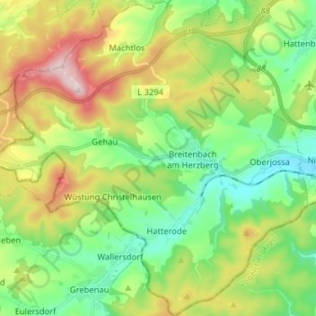 Breitenbach am Herzberg topographic map, elevation, terrain