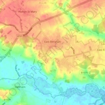 East Bergholt topographic map, elevation, terrain