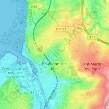 Boulogne-sur-Mer topographic map, elevation, terrain