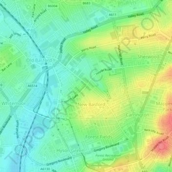 Berridge Ward topographic map, elevation, terrain