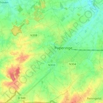 Poperinge topographic map, elevation, terrain