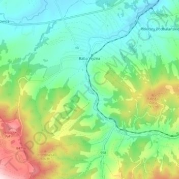 Raba Wyżna topographic map, elevation, terrain