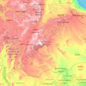 Oromia topographic map, elevation, terrain