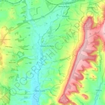 Ottery St. Mary topographic map, elevation, terrain