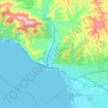 San Buenaventura (Ventura) topographic map, elevation, terrain