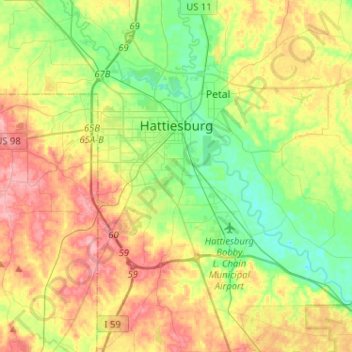 Hattiesburg topographic map, elevation, terrain