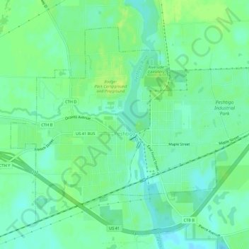 Peshtigo topographic map, elevation, terrain