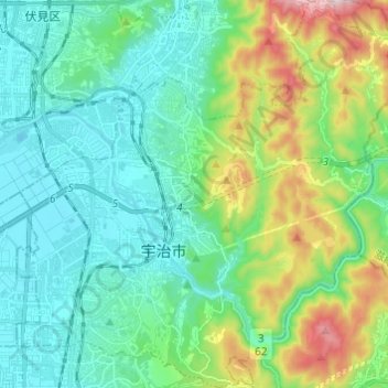 宇治市 topographic map, elevation, terrain