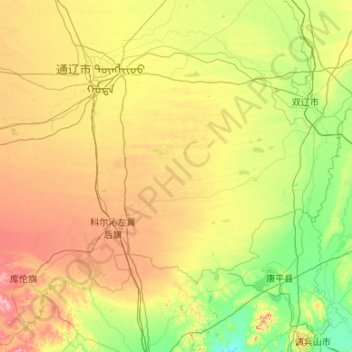Horqin Left Rear Banner topographic map, elevation, terrain