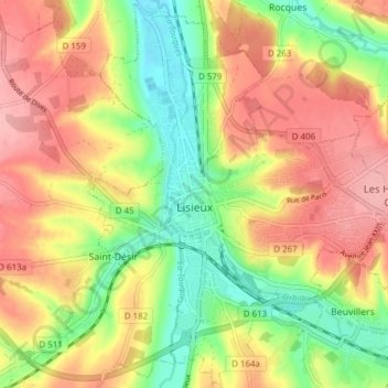 Lisieux topographic map, elevation, terrain