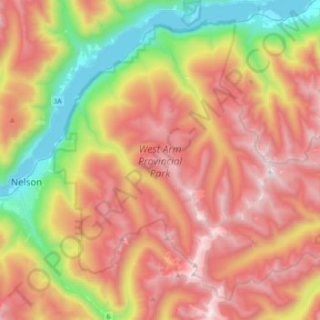 West Arm Provincial Park topographic map, elevation, terrain