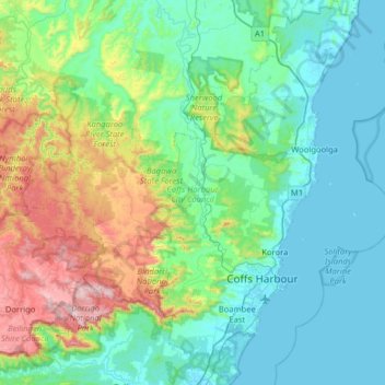 Coffs Harbour City Council topographic map, elevation, terrain
