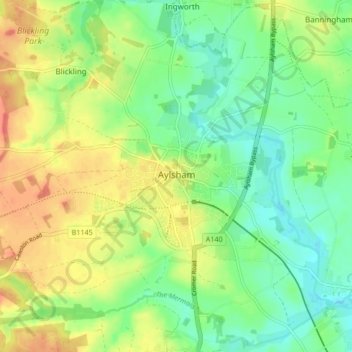 Aylsham topographic map, elevation, terrain