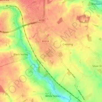 Cressing topographic map, elevation, terrain