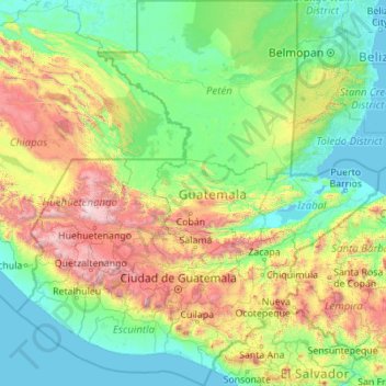 Guatemala topographic map, elevation, terrain