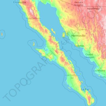 Lower California Peninsula topographic map, elevation, terrain