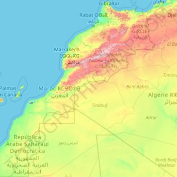 Marokko topographic map, elevation, terrain